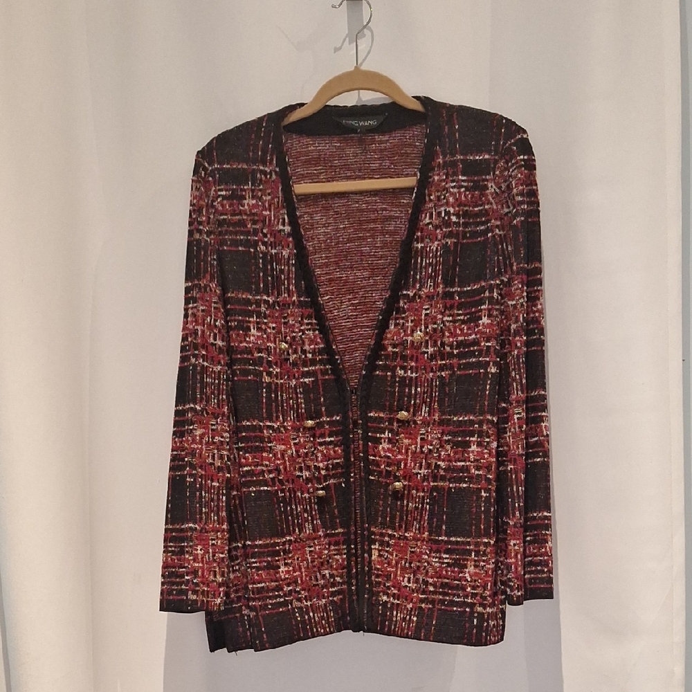 Ming Wang Red and Black Plaid Cardigan Jacket Size M